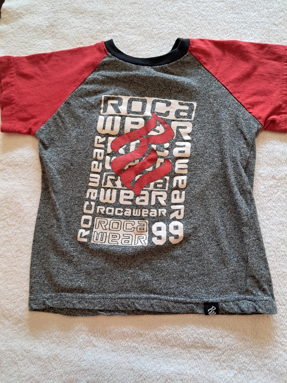 Rocawear Gray Tee with Red Raglan Sleeves and Graphic Logo